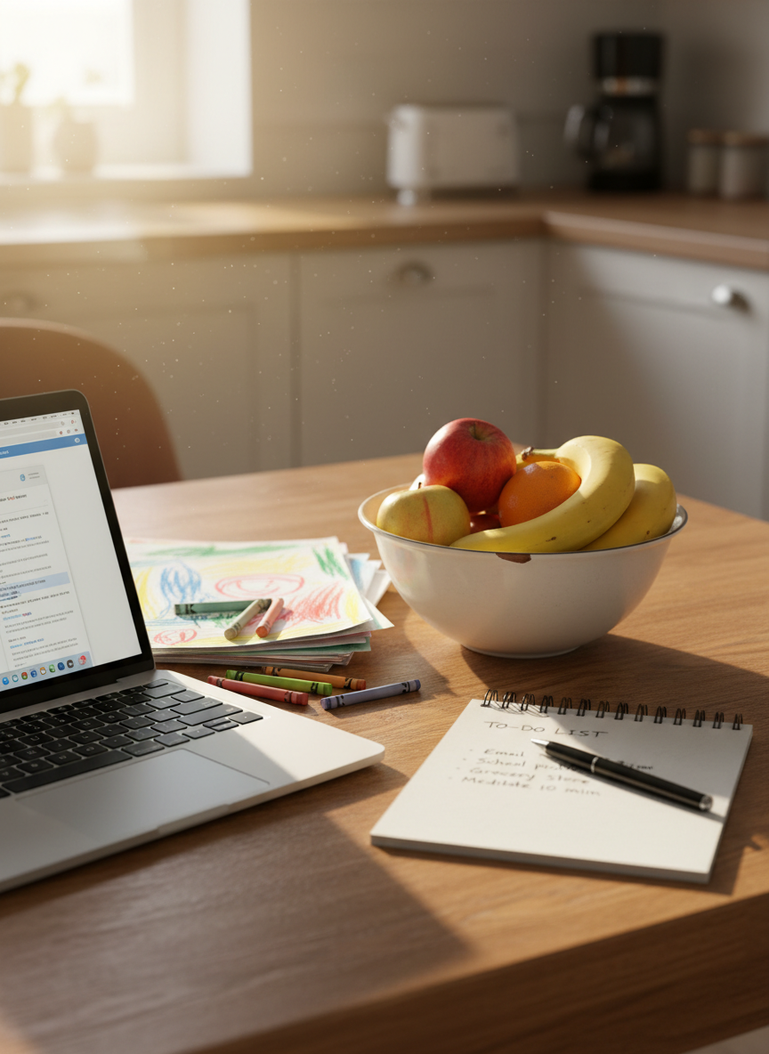A simple wooden kitchen table scattered with everyday objects that symbolize the juggling act of modern life: a slim laptop with a half-written document on screen, a small stack of colorful crayon drawings, a slightly chipped ceramic bowl of fruit, and a to-do list written on a notepad with a pen resting askew. Soft morning light filters in from an unseen window, catching dust motes in the air and creating tender highlights on the laptop keys and crayon wax. Photographed from a slightly elevated angle with a gentle, playful atmosphere and shallow depth of field, the scene feels candid and relatable, embodying the messy balance of career, motherhood, and personal growth.