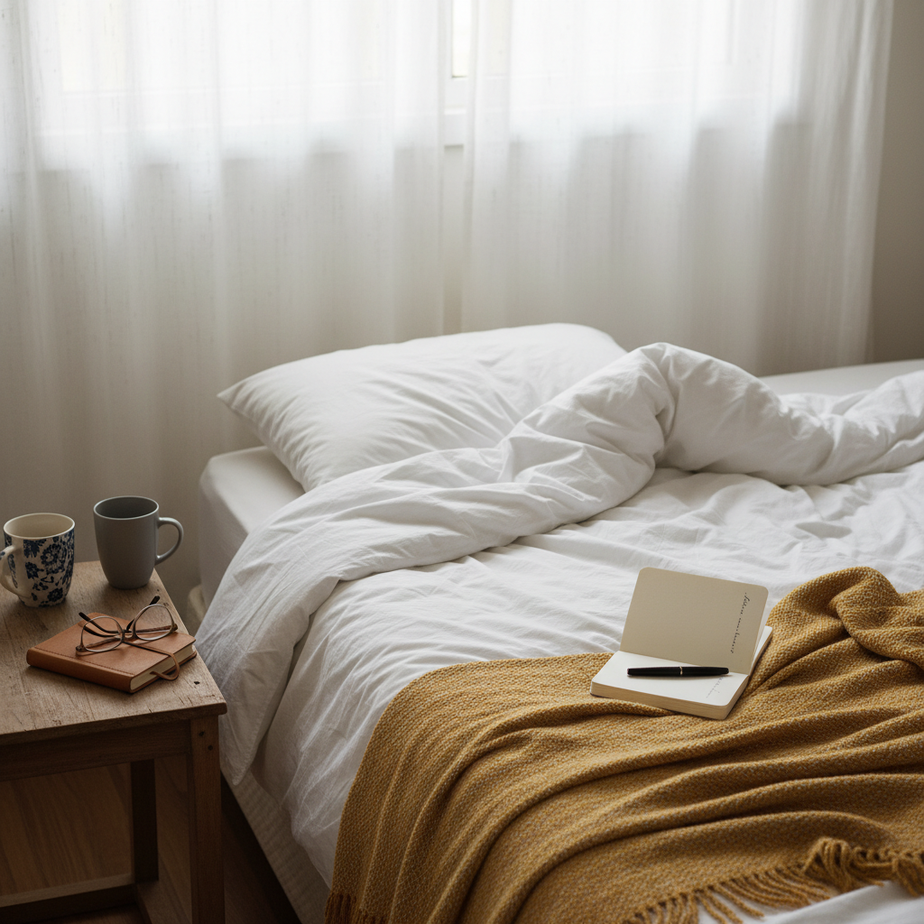 A neatly unmade bed with a crumpled white duvet and contrasting mustard throw blanket forms the centerpiece of a quiet bedroom scene. On one side of the bed, a small wooden nightstand holds two mismatched ceramic mugs, a folded pair of reading glasses, and a small, well-worn notebook with a pen tucked inside. Diffused overcast light enters through sheer curtains, washing the room in a soft, introspective glow and creating barely-there shadows. Photographed from a slightly elevated, diagonal angle in photographic realism, the composition follows the rule of thirds, leaving negative space at the edges to evoke emotional distance, connection, and the complicated, evolving nature of relationships.