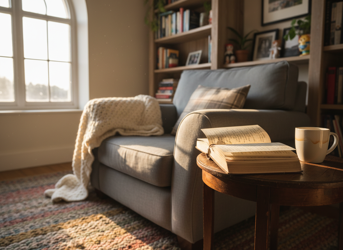 A worn but cozy living room corner with an overstuffed, soft gray armchair as the central focus, its fabric slightly wrinkled like it has held countless late-night thoughts. A small round wooden side table holds an open, dog-eared journal and a ceramic mug with faint tea stains on the rim. Warm afternoon light spills through a nearby window, creating gentle highlights on the journal pages and casting long, relaxed shadows on a textured rug. In the blurred background, a bookshelf with mismatched items suggests a life in progress. Shot at eye level with a shallow depth of field, the photographic realism and warm, inviting mood convey the honest, ongoing process of figuring life out.