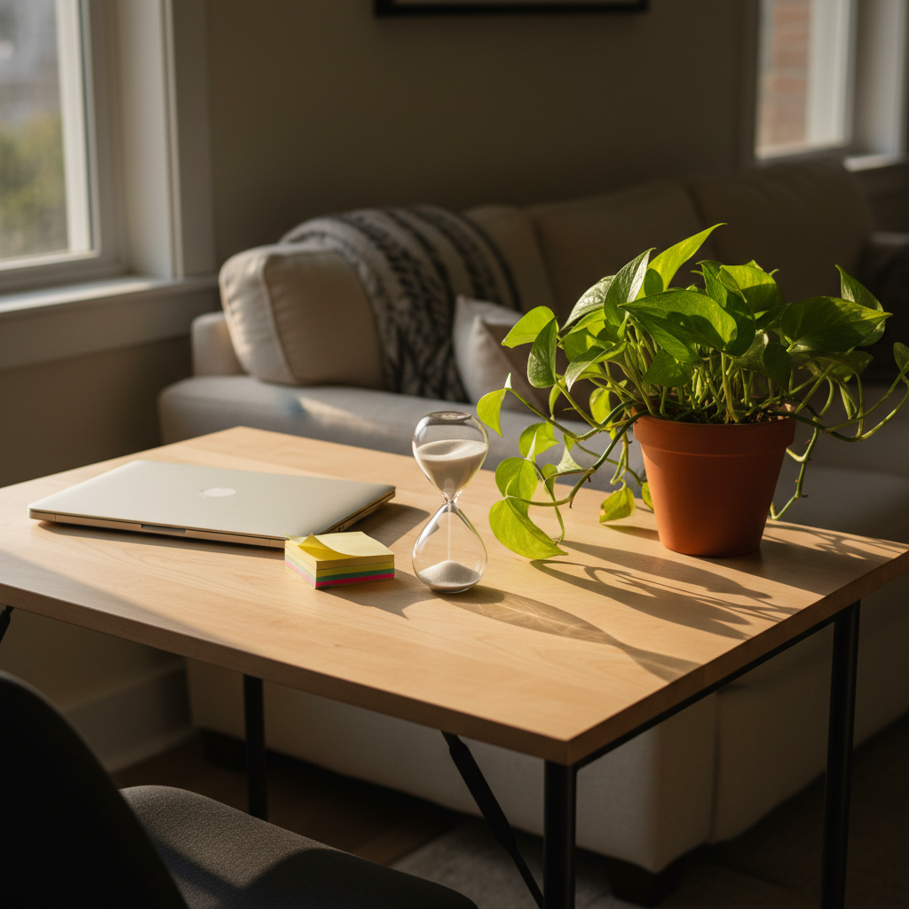 A compact home workspace carved out of a sunny corner, featuring a light birch desk with a slim laptop closed beside a small stack of sticky notes and a single leafy plant in a terracotta pot. A simple sand-filled hourglass sits mid-turn, its falling grains frozen in sharp focus, symbolizing time passing. Late afternoon sunlight streams in from a side window, creating defined yet gentle shadows of the plant leaves across the desk surface. The background shows an out-of-focus couch and blanket, hinting at the blend of work and personal life. Captured in photographic realism from a slightly elevated angle with a calm but slightly restless mood, the image represents career transitions and the ongoing search for balance.