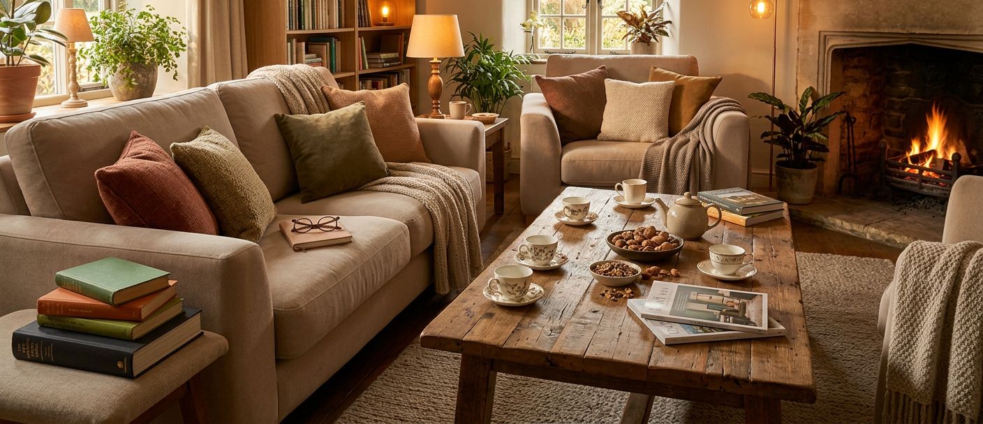 Family reading, cooking, and enjoying coffee together