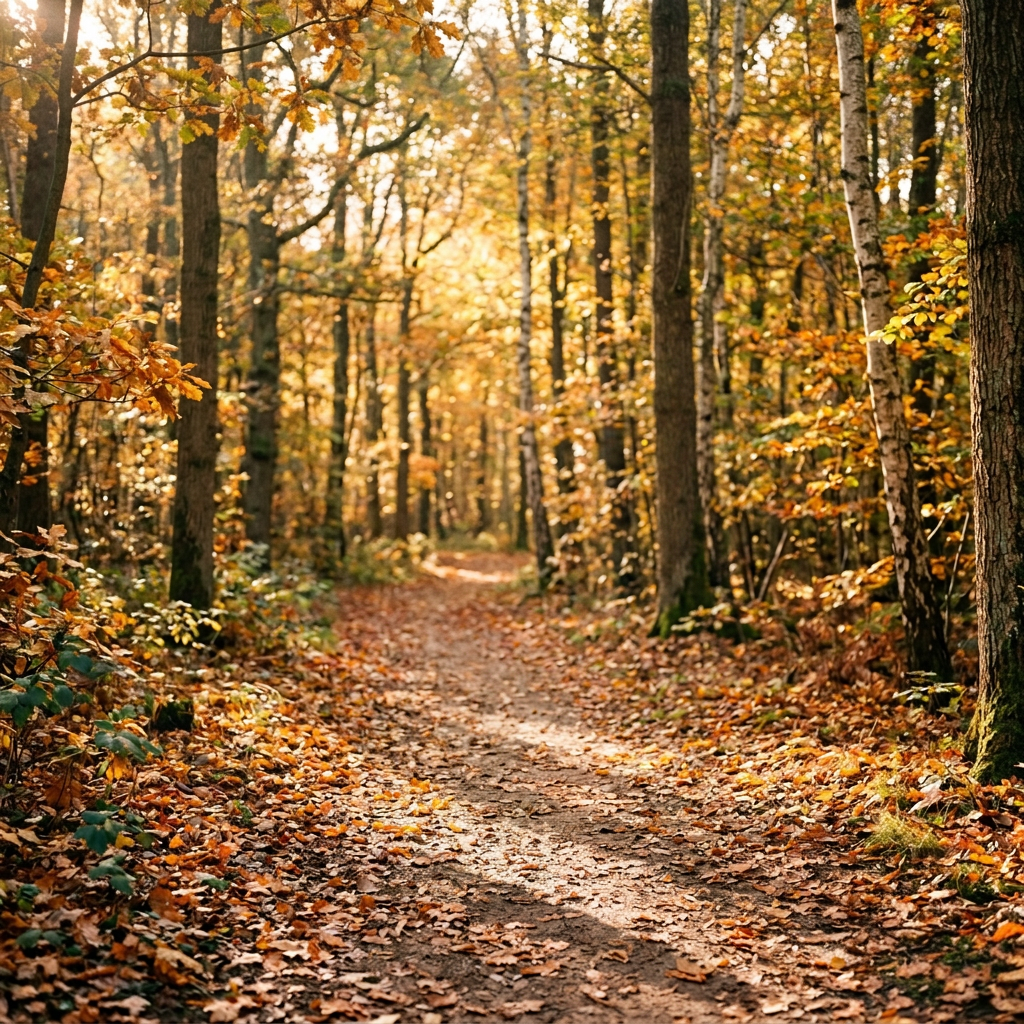 Woman walking dog on leafy forest path during autumn