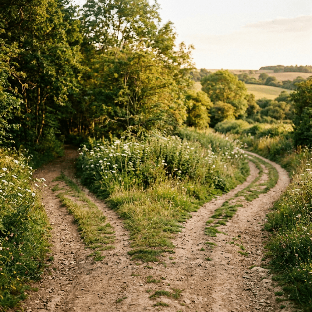 Four hikers standing and smiling on a dirt trail in a green countryside
