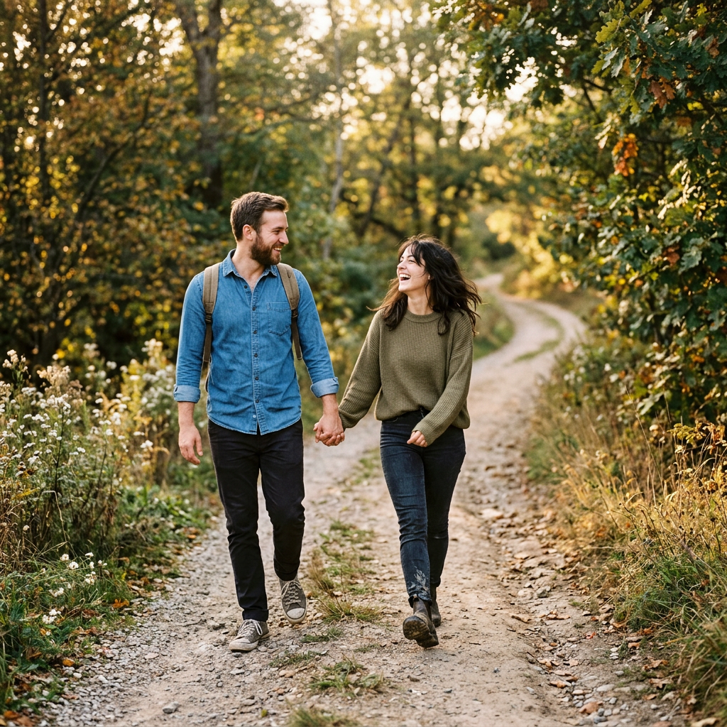 Man and woman holding hands walking on a dirt trail through a wooded area