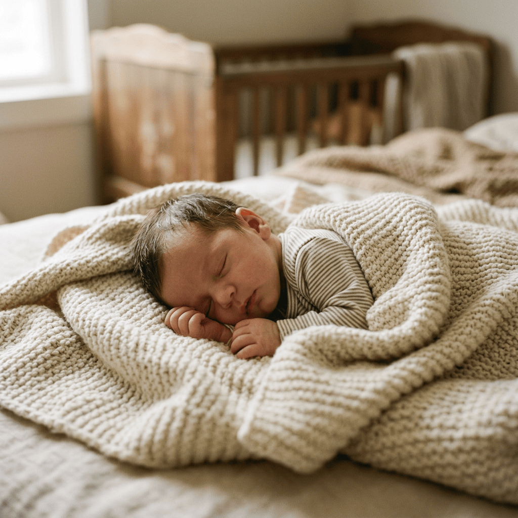 Newborn baby sleeping wrapped in a cream-colored knitted blanket on a bed.